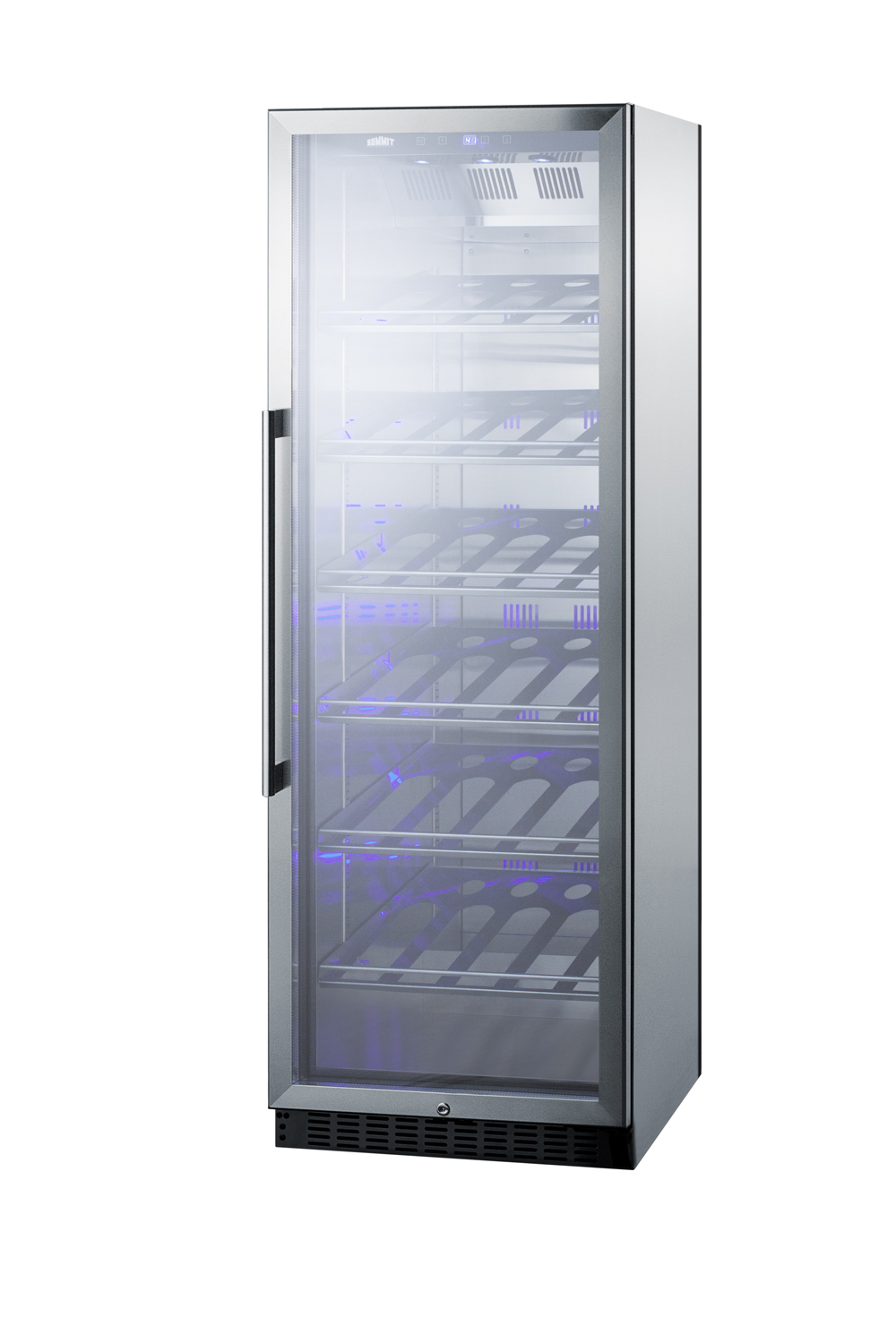 Full-size commercially listed wine cellar with stainless steel interior, champagne shelving, digital controls, self-closing glass door, and stainless steel cabinet